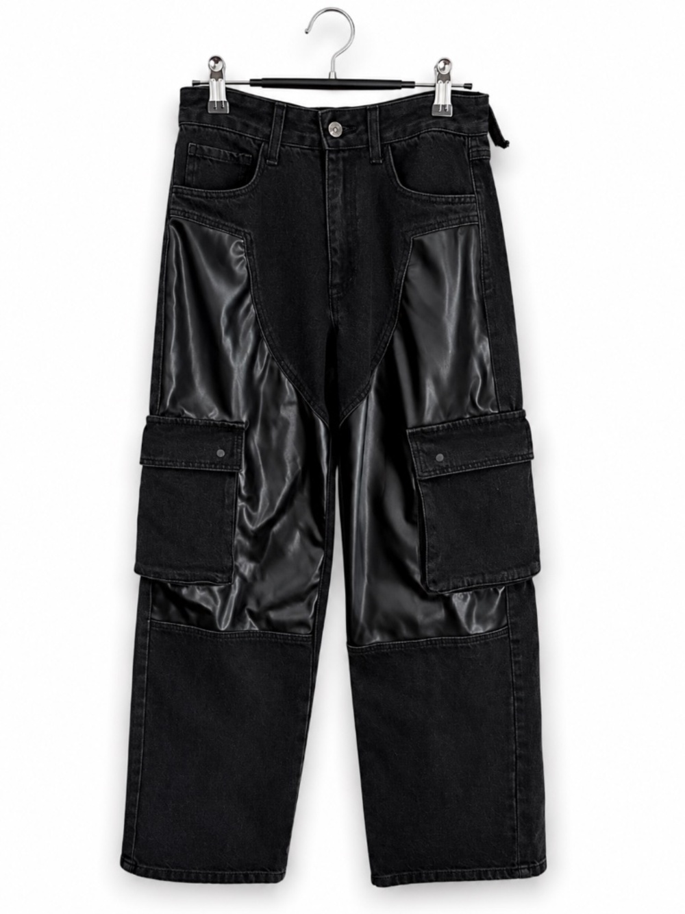 Black Faux Leather Panel Cargo Pants Streetwear